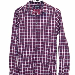 Express Men's Button-Down Plaid Shirt in Burgundy and White